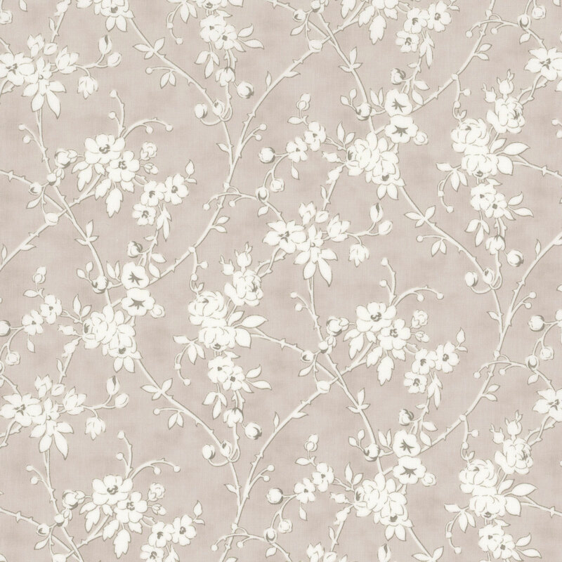 light gray tonal fabric featuring white flowers on vines