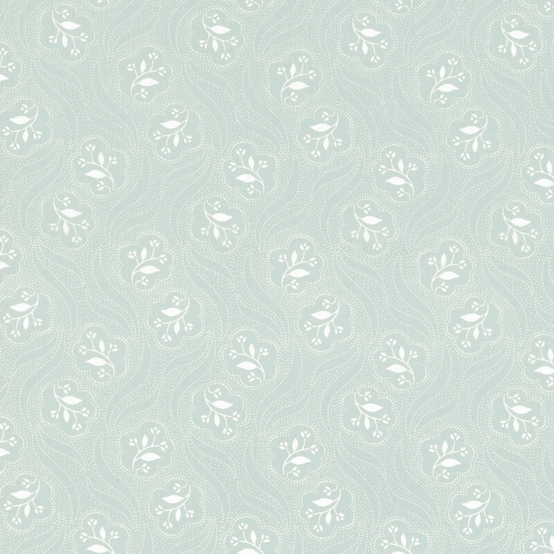 pastel blue fabric featuring a white dot texture flowing around scattered white flowers
