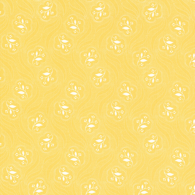 pastel yellow fabric featuring a white dot texture flowing around scattered white flowers