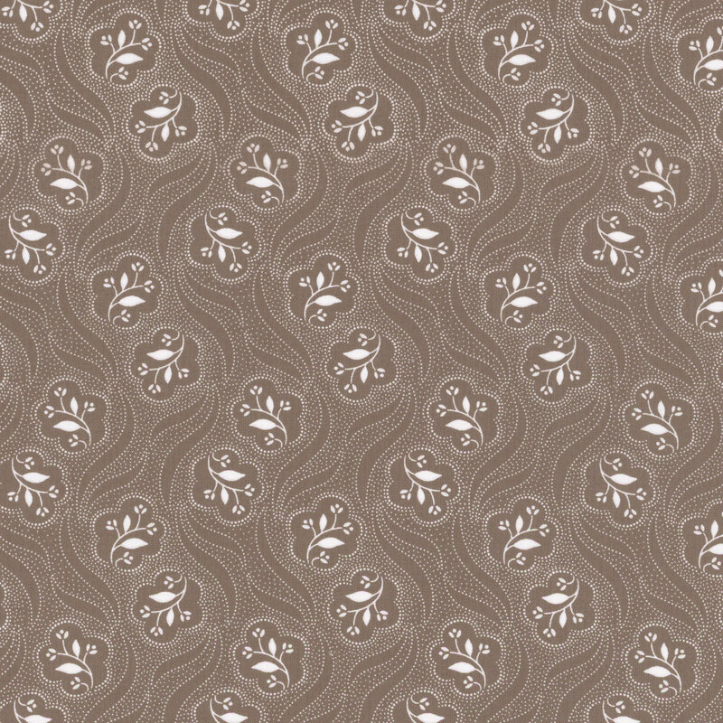 charcoal gray fabric featuring a white dot texture flowing around scattered white flowers