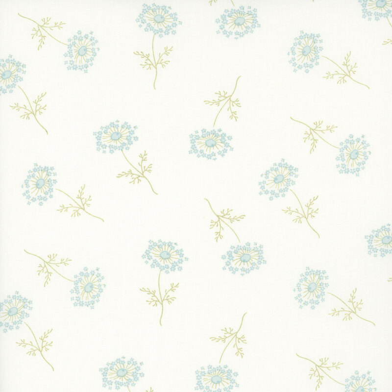 white fabric featuring scattered pastel blue flowers