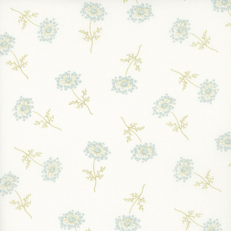 white fabric featuring scattered pastel blue flowers