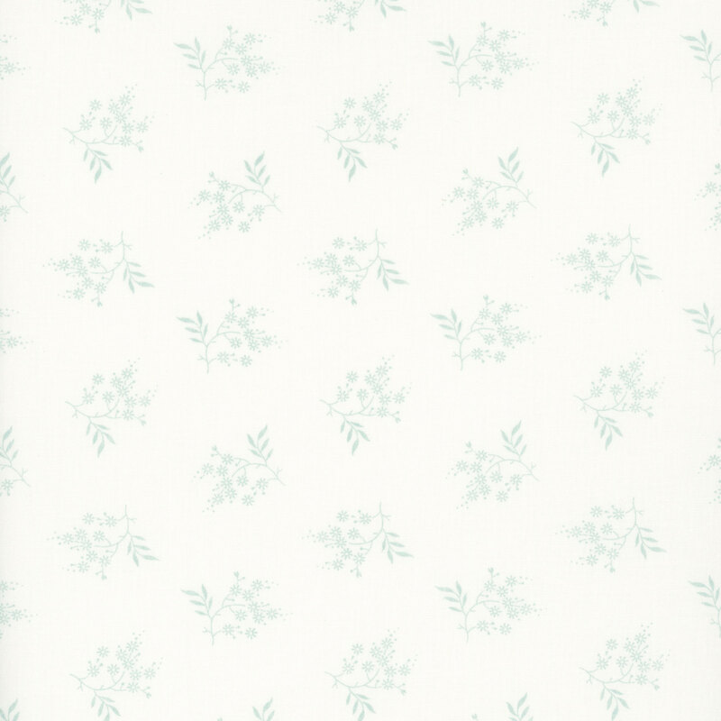 cool white fabric featuring scattered pastel blue flowers