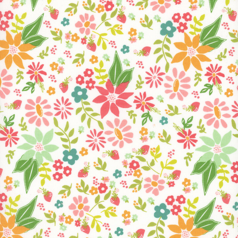 fabric featuring a vibrant and bright floral pattern tossed on a solid cream white background.