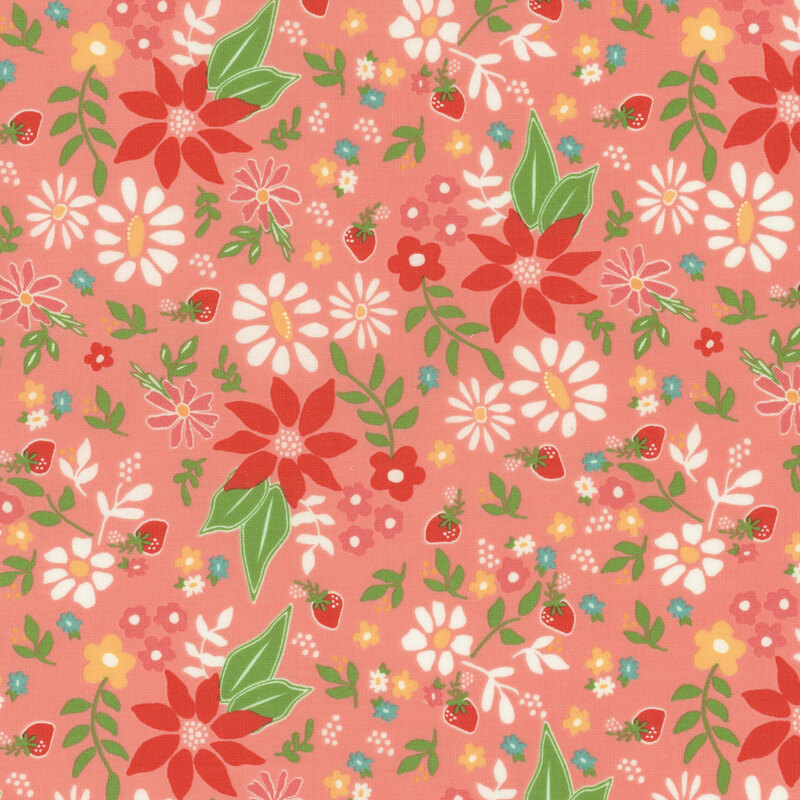 fabric featuring a vibrant and bright floral pattern tossed on a solid pink background