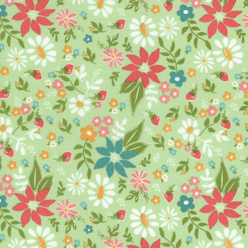 fabric with a vibrant and bright floral pattern tossed on a cool mint green background.