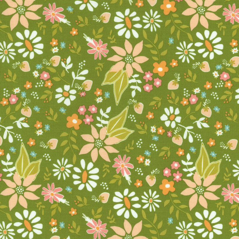 fabric featuring a vibrant and bright floral pattern tossed on a fresh, bright green background.