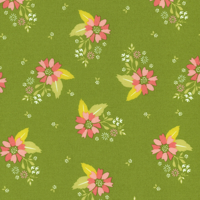 This fabric features clusters of pink and light green tossed on a lively, bright green background.