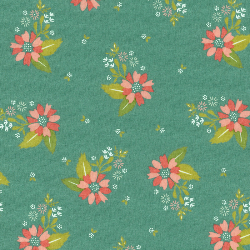fabric featuring clusters of pink and light green tossed on a saturated teal background.