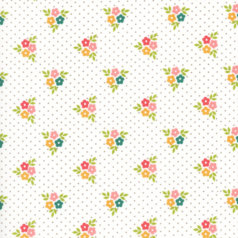 fabric featuring clusters of teal, pink and orange flowers with gray polka dots on a solid off-white background.