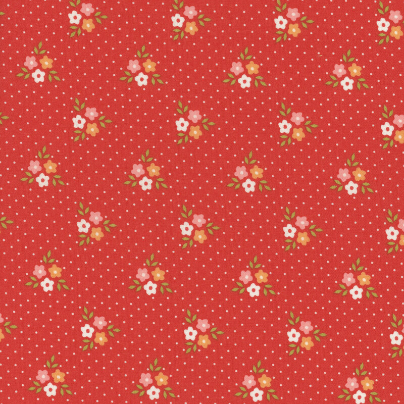 This fabric features clusters of cream white, pink and orange flowers with cream white polka dots on a bold strawberry red background.