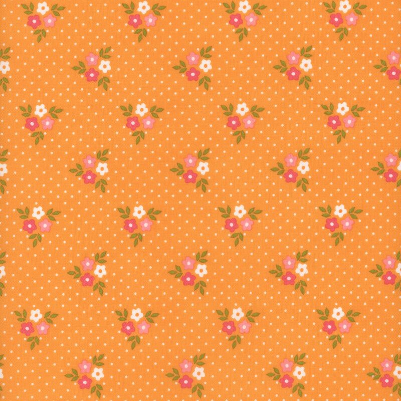 This fabric features clusters of cream white, pink and dark pink flowers with cream white polka dots on an orange creamsicle background.