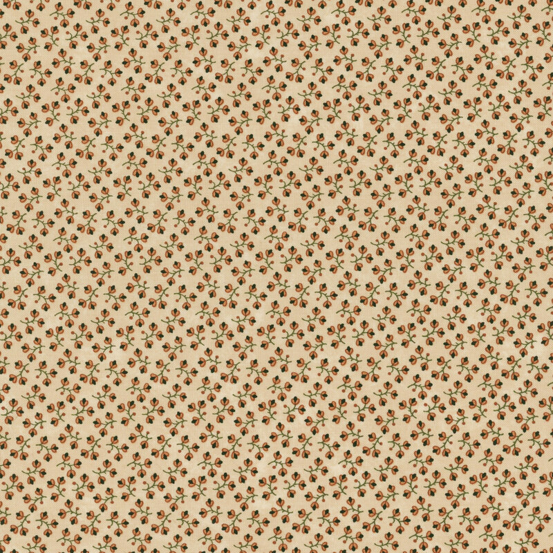 beige fabric featuring scattered burnt orange flowers.