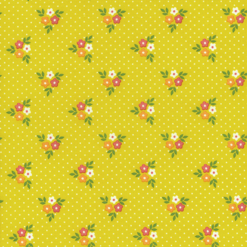Fabric with tossed bouquets of cream white, dark pink and orange flowers with cream white polka dots on a bold yellow background.