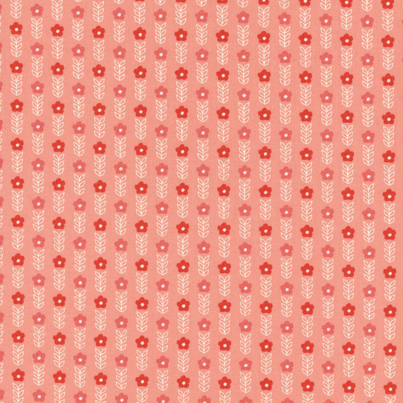 fabric featuring dark and medium pink flowers with white outline stems on a light pink background.