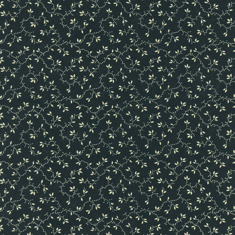 dark navy blue mottled fabric featuring light gray vines and leaves.
