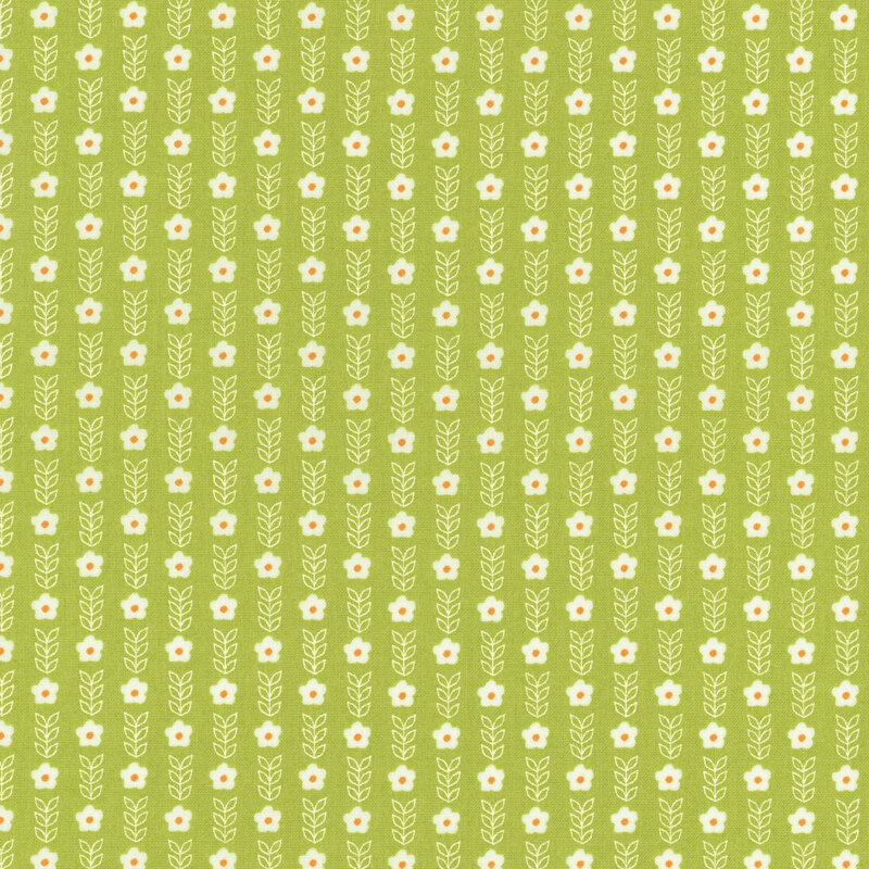 fabric featuring adorable white flowers with white outline stems on a bright green background.