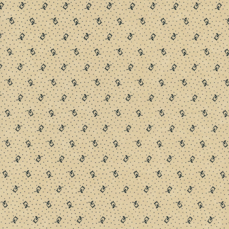 light beige fabric featuring scattered navy blue dots and flowers