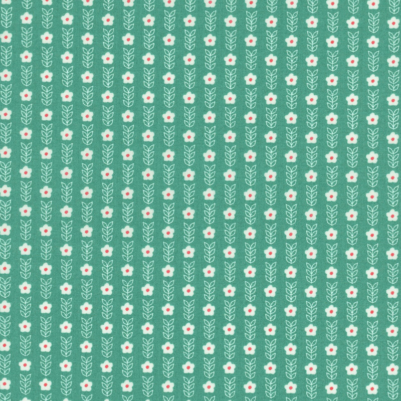 fabric featuring adorable white flowers with white outline stems on a vibrant turquoise background