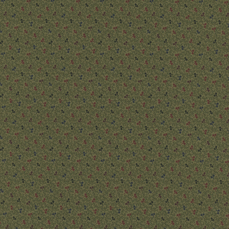 age fabric featuring stylized tonal dark sage vines with scattered burnt orange, brown, forest green, navy blue, and brick red leaves