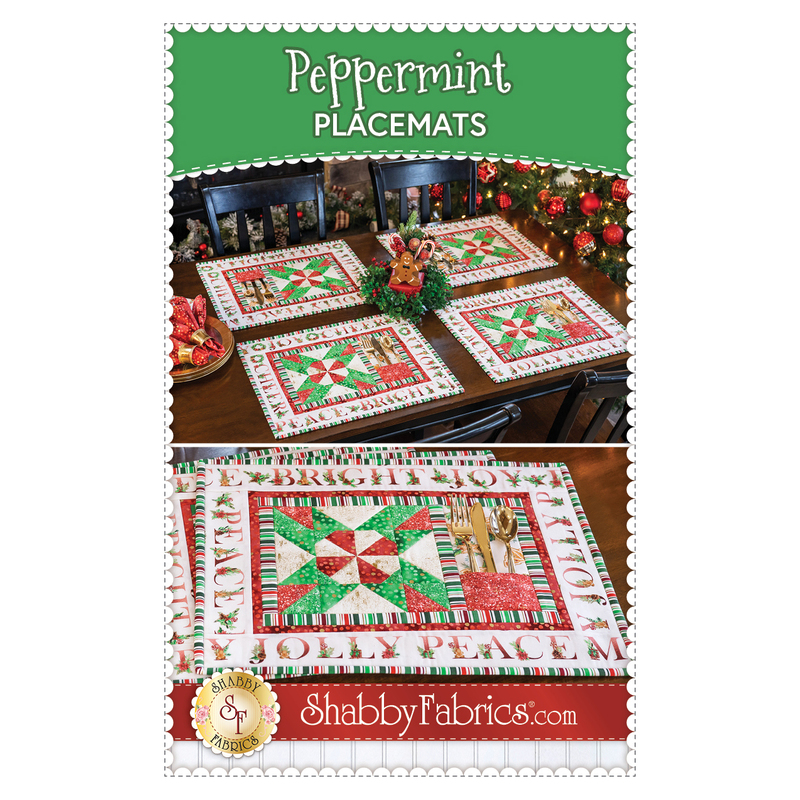 Front cover of the Peppermint Placemats pattern with a photo of the finished project and title with Shabby Fabrics.com at the bottom