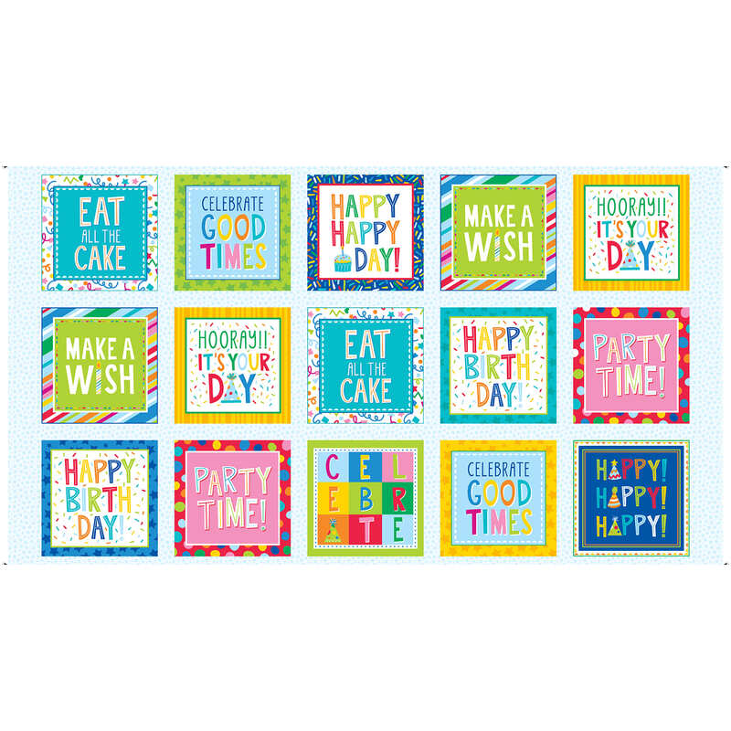 light blue fabric panel featuring 12 different birthday party tiles with various birthday wishes