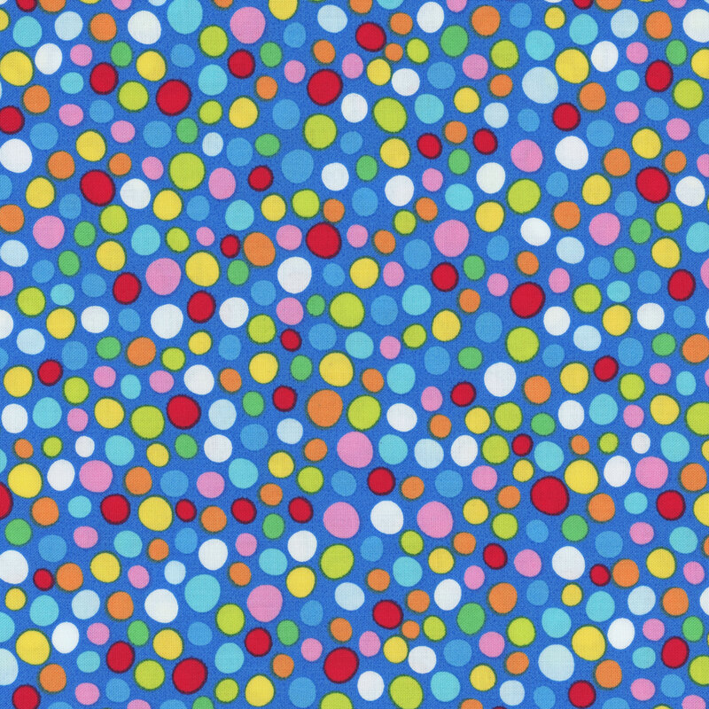 royal blue fabric featuring scattered brightly colored irregular dots