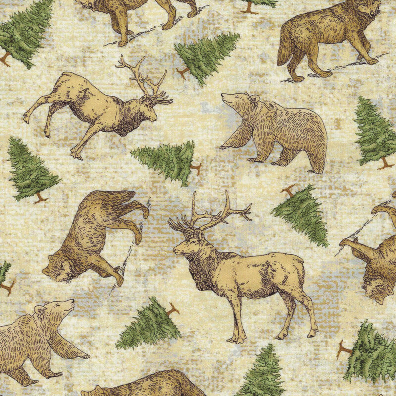 Beige fabric with evergreen trees, wolves, bears, and elk tossed all over.