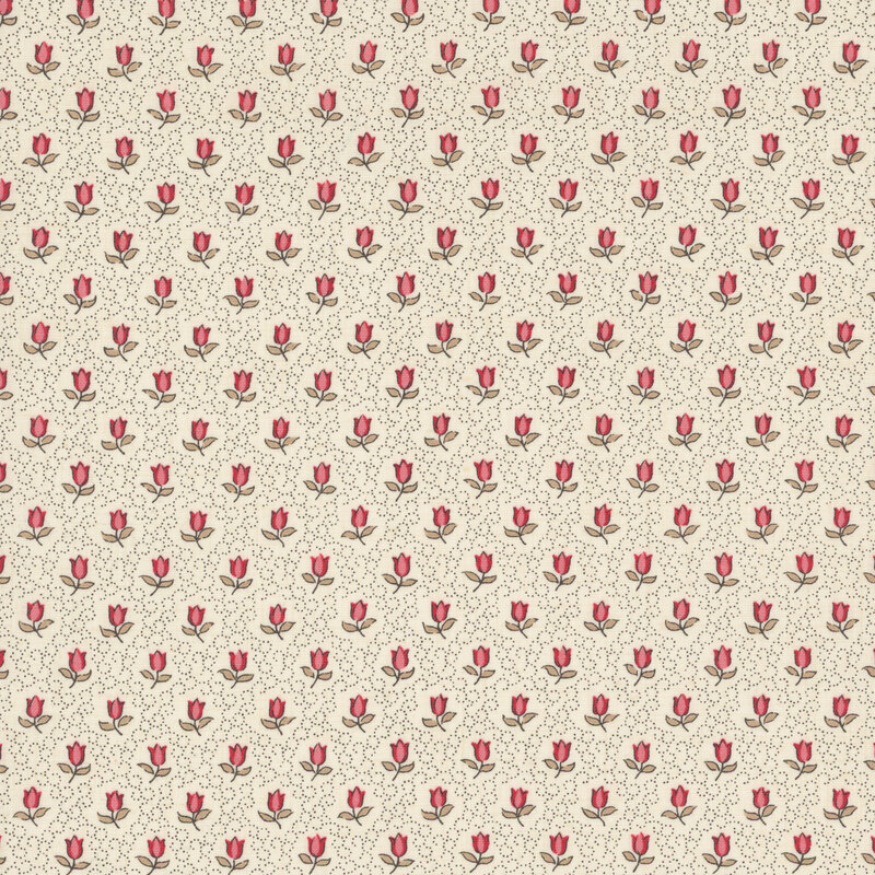 fabric featuring pink and red roses on a solid cream background with delicate swirling dots.