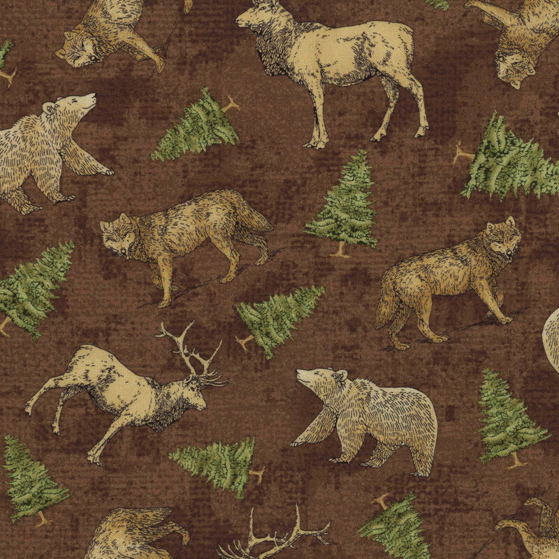 Brown fabric with evergreen trees, wolves, bears, and elk tossed all over.