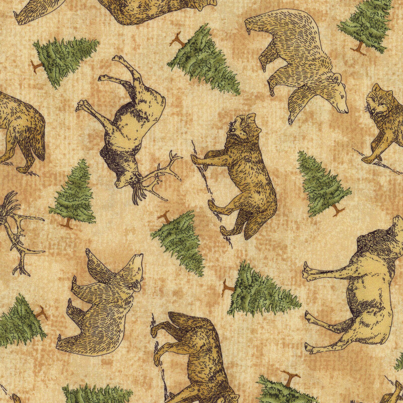 Tan fabric with evergreen trees, wolves, bears, and elk tossed all over.