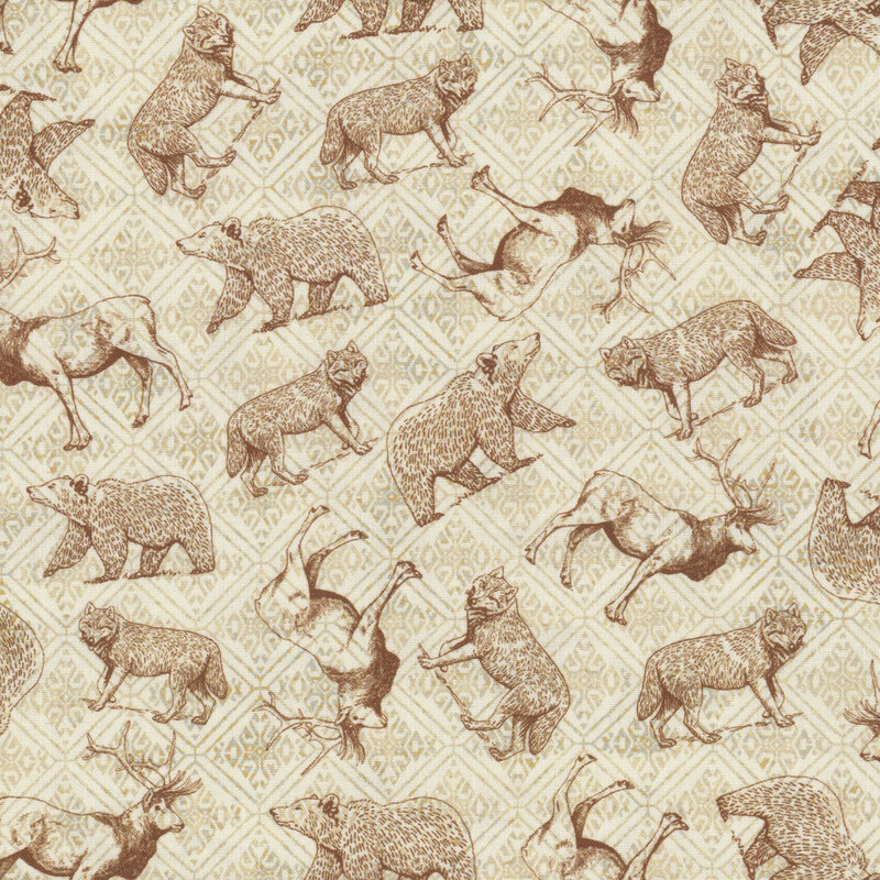 Cream tonal fabric with evergreen trees, wolves, bears, and elk tossed all over.