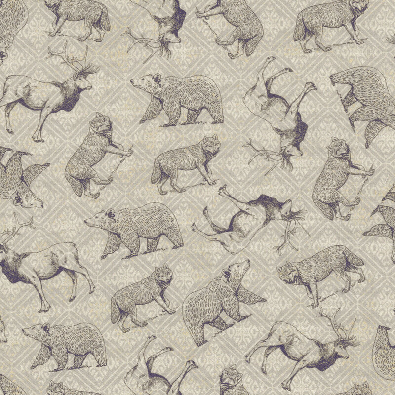 Pale gray tonal fabric with evergreen trees, wolves, bears, and elk tossed all over.