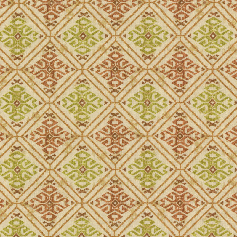Beige fabric with an intricate diamond pattern all over in brown and green geometric damask-like pattern