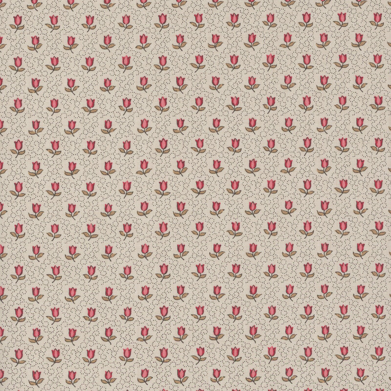 fabric featuring pink and red roses on a solid warm gray background with delicate swirling dots on a solid warm gray background