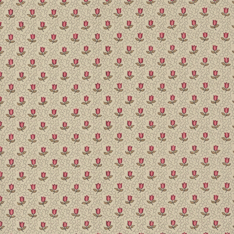 fabric featuring pink and red roses on a solid warm gray background with delicate swirling dots on a solid warm gray background