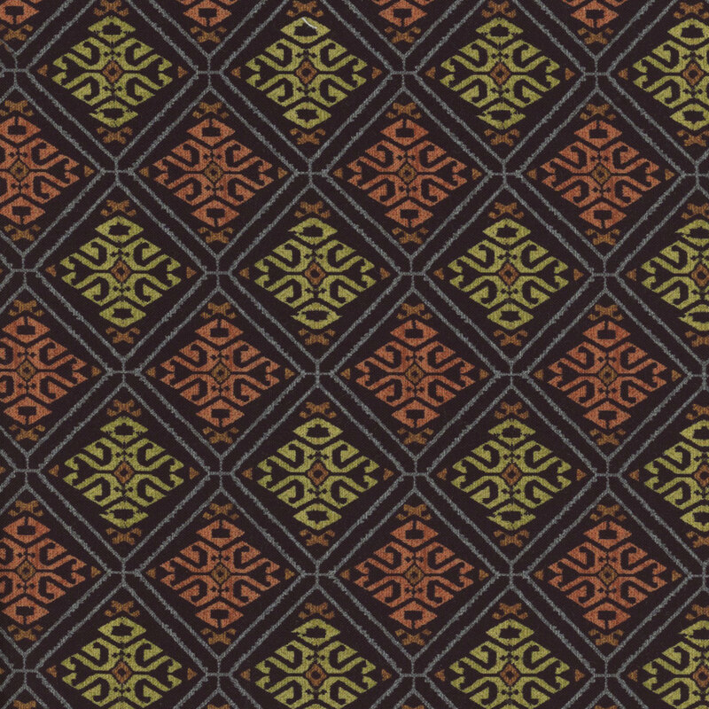 Black fabric with an intricate diamond pattern all over in brown and green geometric damask-like pattern