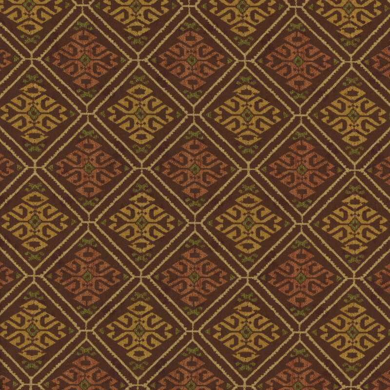 Brown fabric with an intricate diamond pattern all over in brown and green geometric damask-like pattern