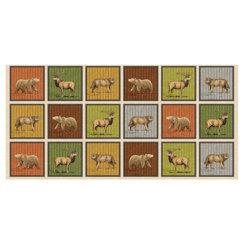 Panel with 18 different colored squares, each with an animal on it; either wolf, bear, or elk