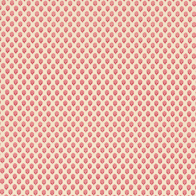 fabric featuring adorable red flower motifs repeating on a solid cream background.