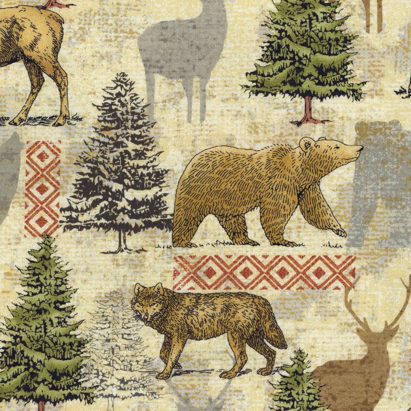 Cream fabric with evergreen trees, elk, bears and wolves both in illustrated color and tonal silhouettes with small geometric accents