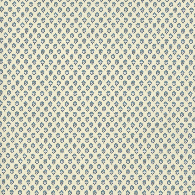 fabric featuring adorable blue flower motifs repeating on a solid cream background.