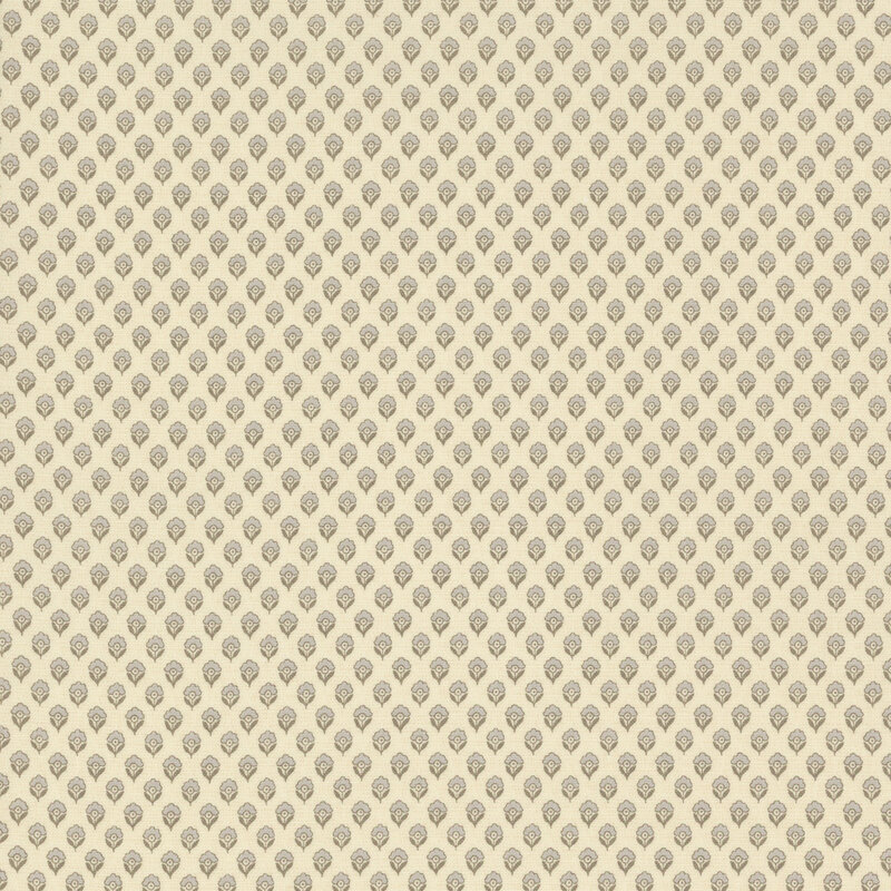 fabric featuring adorable gray flower motifs repeating on a solid cream background.
