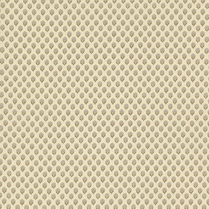 fabric featuring adorable gray flower motifs repeating on a solid cream background.