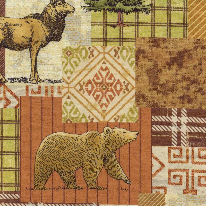 Cream fabric with evergreen trees, elk, bears and wolves in illustrated color with geometric accents and colored blocks with different patterns