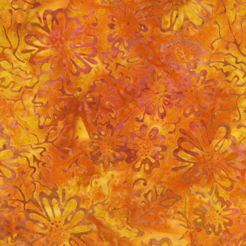 yellow and orange mottled fabric featuring a burnt orange mottled floral pattern