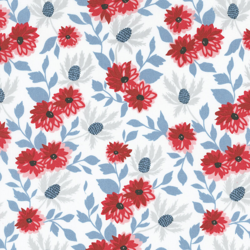 fabric featuring lovely red and light gray flowers with dusty blue leaves on a solid white background.