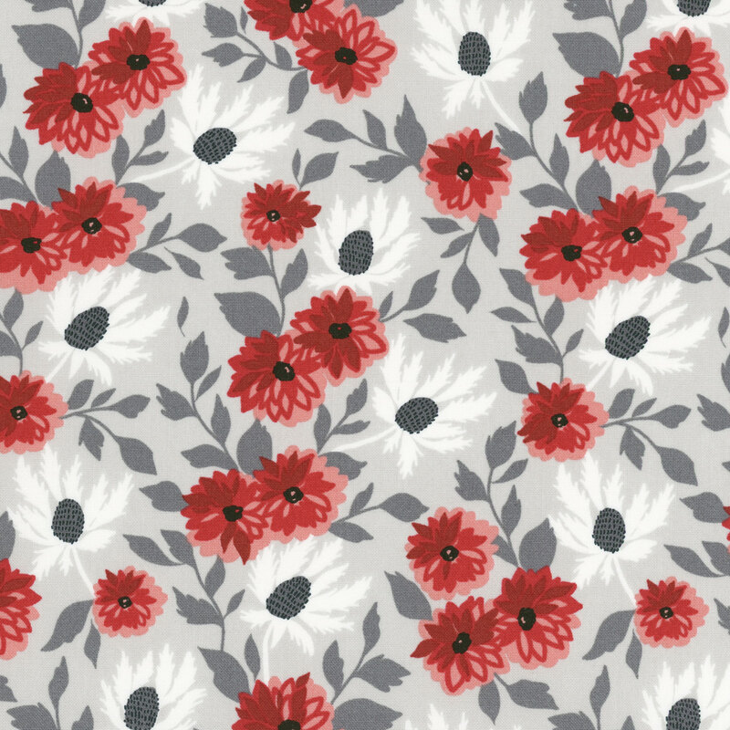 fabric featuring lovely red and white flowers with dark gray leaves on a solid medium gray background