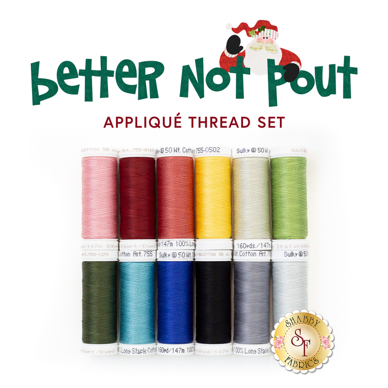 White background featuring a rainbow of 12 colored thread spools lined up with the words 