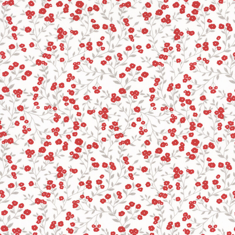 fabric featuring gray spreading vines with bold red flowers on a solid white background.